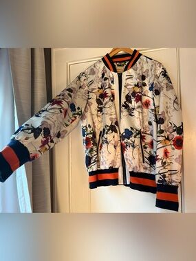 RACHEL Rachel Roy White Floral Bomber with Navy & Orange Trim Women’s Size XL